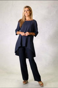 DECK BY DECOLLAGE  - NAVY LIGHTWEIGHT LINEN TUNIC & TROUSERS CO ORD